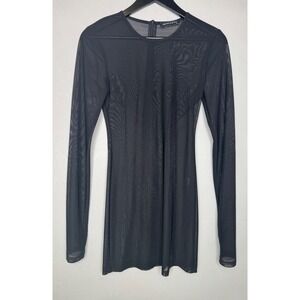 SHANE JUSTIN Black Mesh Long Sleeve Mini Dress Sheer Laced Detail Size M